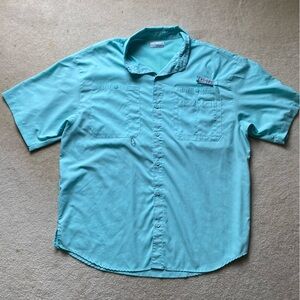 COLUMBIA PFG Short Sleeve Button Front Vented Fishing Hiking Shirt Teal Large